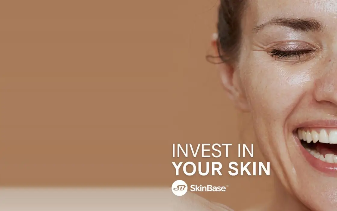 A smiling woman with glowing skin, with the words Invest in your skin and the SkinBase logo