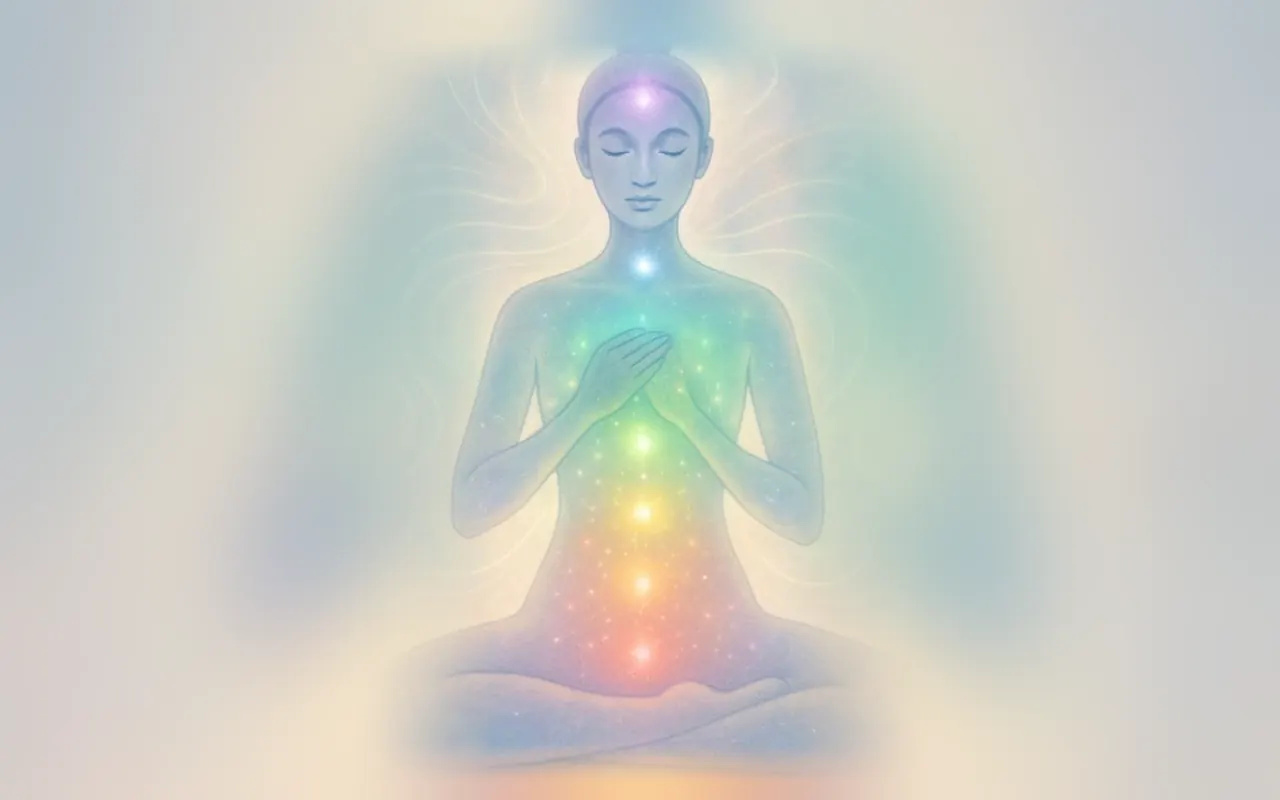 An illustration of a woman meditating, glowing with soft rainbow light